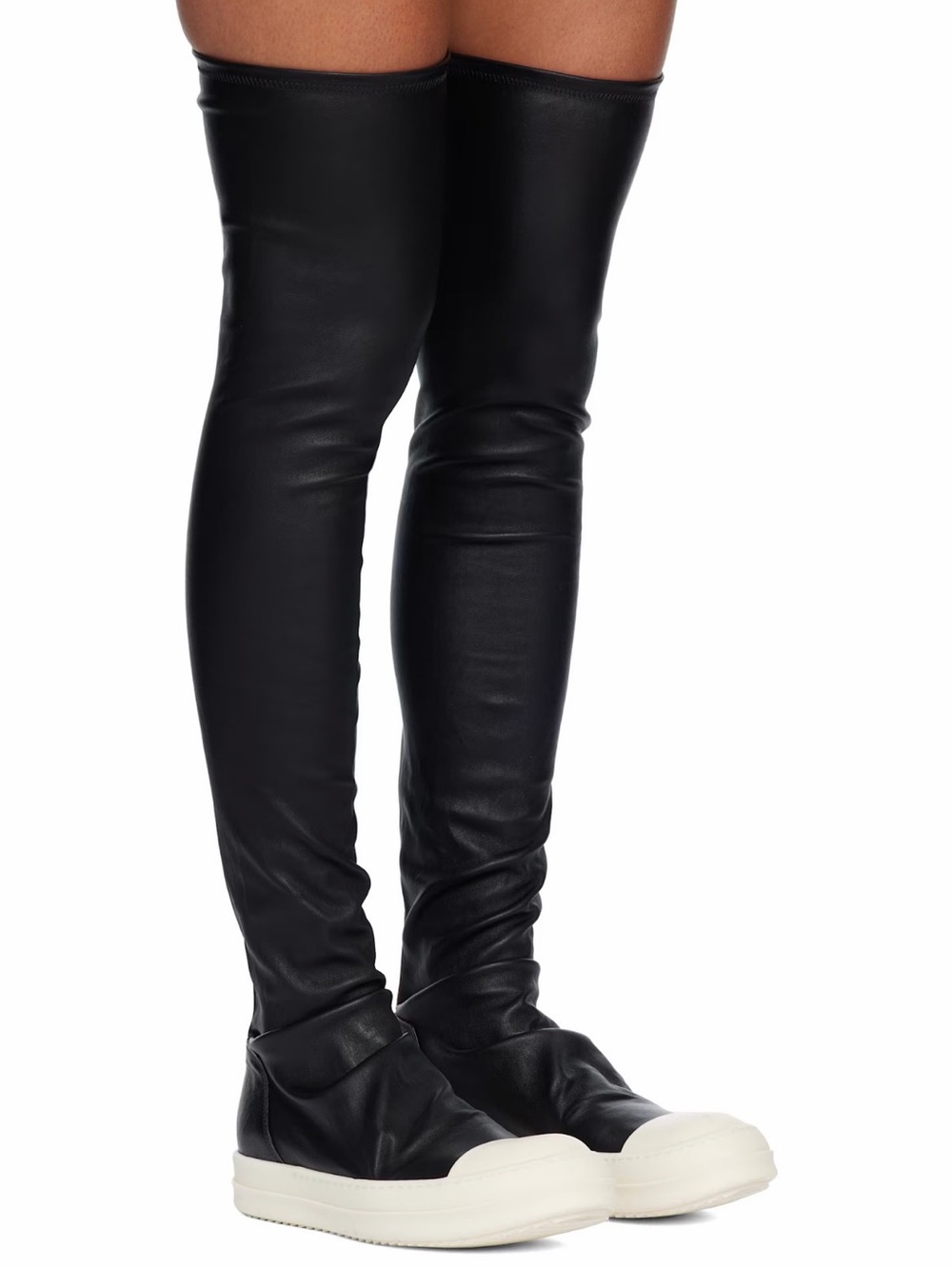 Rick Owens Black Leather Over-the-Knee Boots with White Sole